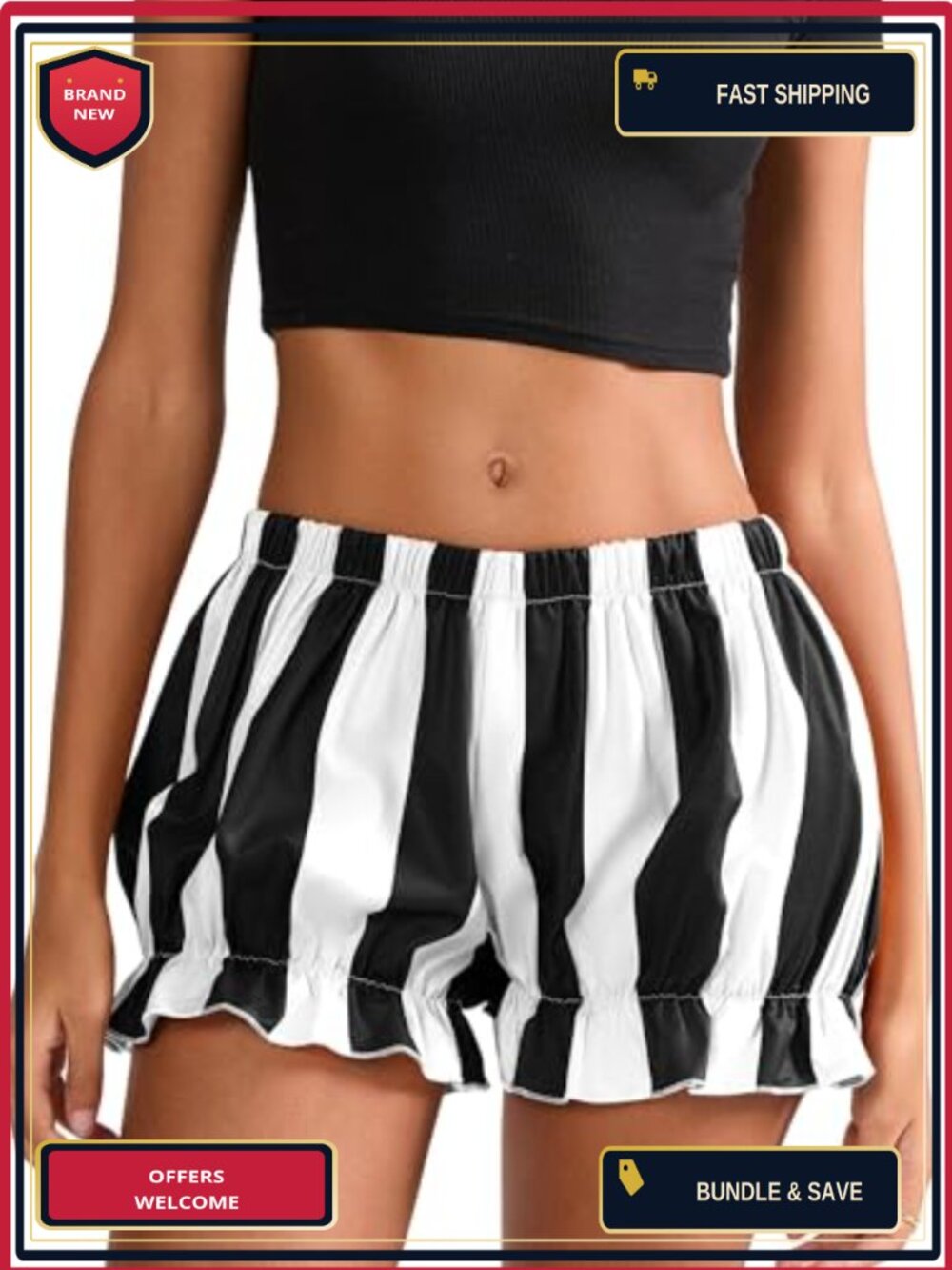 Womens Bloomers Shorts Striped Elastic Waist Ruffle Micro Shorts Cosplay Costume